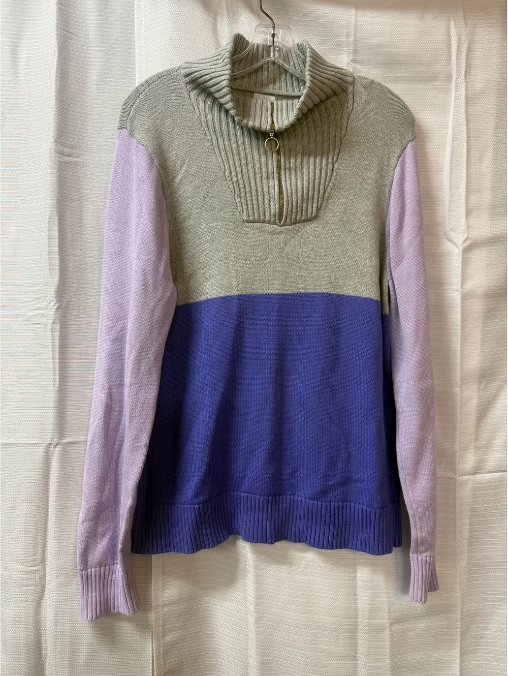 J.Crew Colorblock Cotton Pullover Sweater with Zip Collar, Size Large